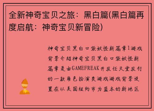 全新神奇宝贝之旅：黑白篇(黑白篇再度启航：神奇宝贝新冒险)